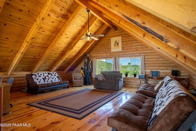 living room featuring hardwood / wood-style flooring, wood ceiling, rustic walls, and lofted ceiling with beams