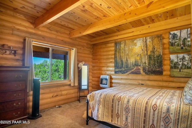 carpeted bedroom with log walls, heating unit, wooden ceiling, and beam ceiling