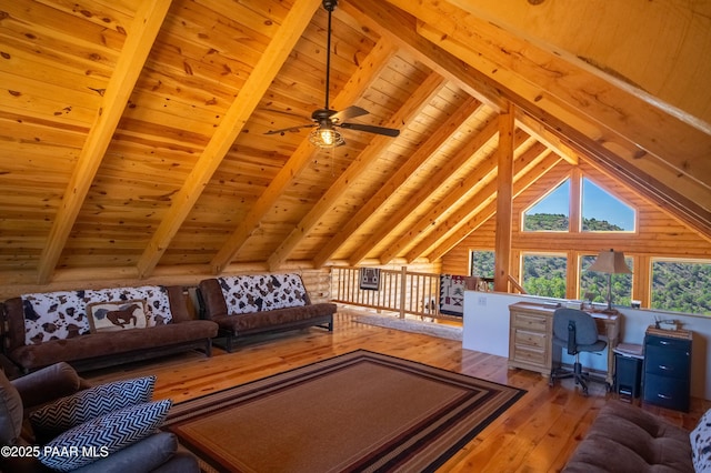 living room featuring wood ceiling, lofted ceiling with beams, and light hardwood / wood-style flooring