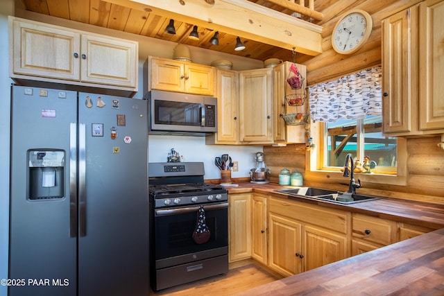 kitchen with sink, light hardwood / wood-style flooring, appliances with stainless steel finishes, wood counters, and wooden ceiling