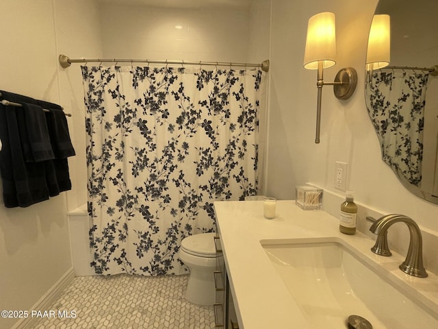 full bath with tile patterned flooring, vanity, toilet, and a shower with shower curtain