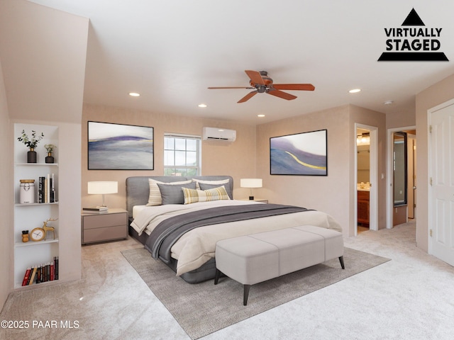 5700 N Concho Dr, Prescott Valley, AZ 86314 - bedroom with light carpet, a wall mounted AC, recessed lighting, and ensuite bath