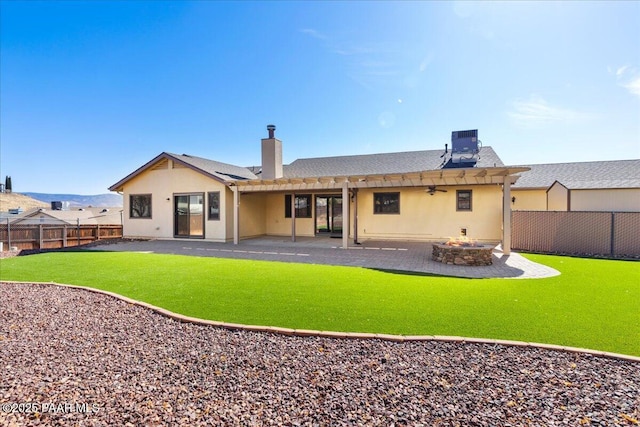 back of house featuring stucco siding, a fenced backyard, ceiling fan, and a patio