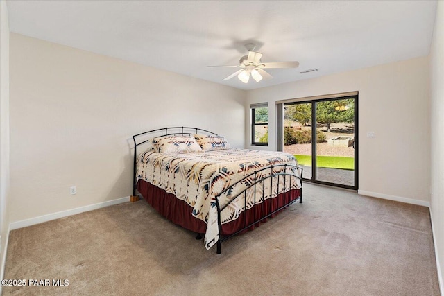 bedroom featuring access to exterior, carpet, visible vents, ceiling fan, and baseboards