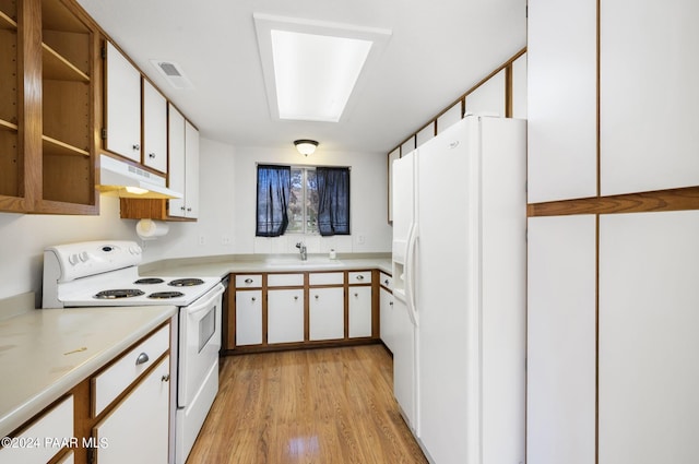 kitchen featuring white cabinetry, light hardwood / wood-style flooring, white appliances, and sink