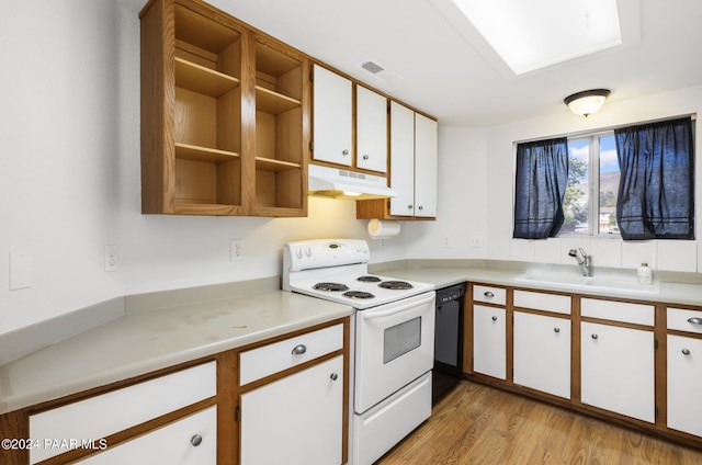 kitchen featuring dishwasher, sink, electric stove, white cabinets, and light wood-type flooring