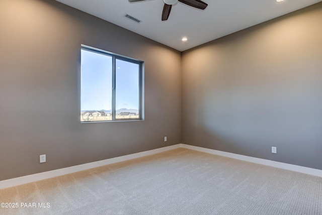 spare room with visible vents, light carpet, a ceiling fan, recessed lighting, and baseboards