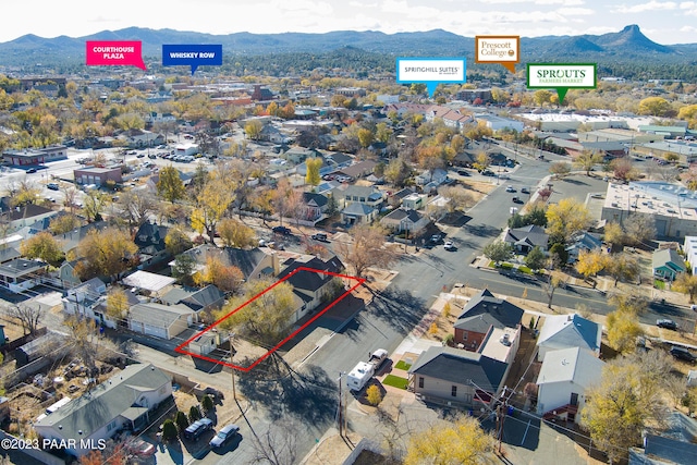 birds eye view of property featuring a mountain view