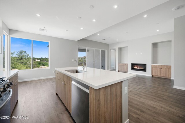 kitchen featuring dark hardwood / wood-style flooring, a kitchen island with sink, sink, and appliances with stainless steel finishes