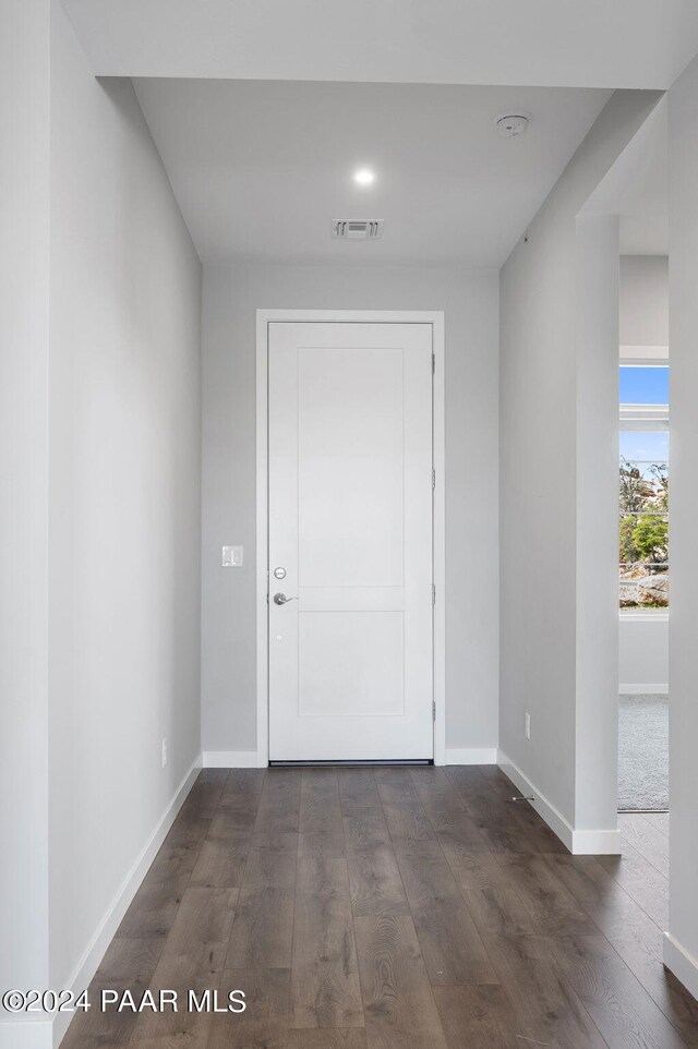 interior space with dark wood-type flooring