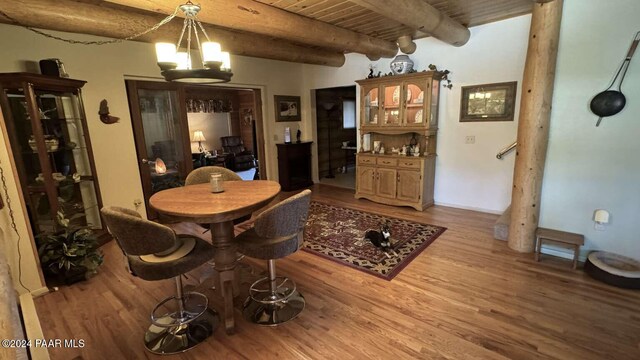 dining room featuring beamed ceiling, wooden ceiling, light hardwood / wood-style flooring, and a notable chandelier