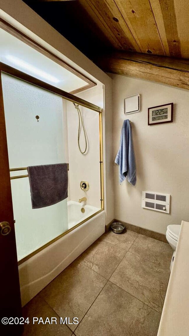 bathroom featuring tile patterned floors, toilet, wood ceiling, and bath / shower combo with glass door