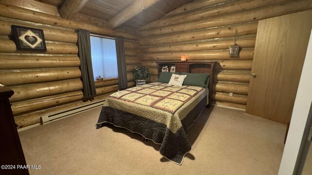 bedroom with carpet flooring, wood ceiling, and a baseboard heating unit