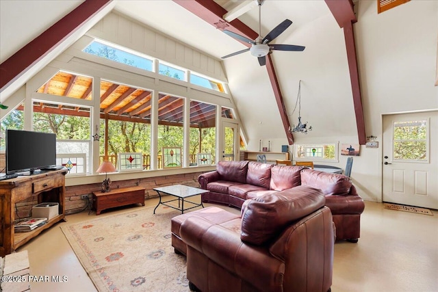 2308 W Mountain Laurel Rd, Prescott, AZ 86303 - living area featuring lofted ceiling with beams, concrete floors, and ceiling fan