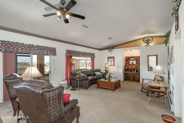 14705 E State Route 169, Dewey-Humboldt, AZ 86327 - living area with lofted ceiling, light colored carpet, a ceiling fan, and baseboard heating