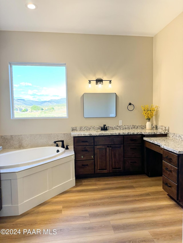 bathroom with vanity, a tub, and hardwood / wood-style floors