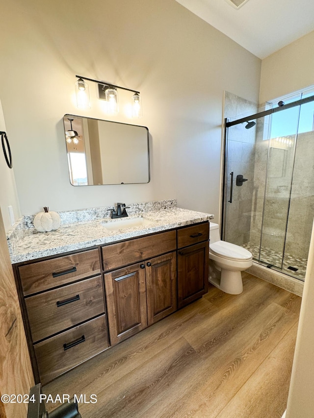 bathroom featuring vanity, toilet, a shower with door, and wood-type flooring