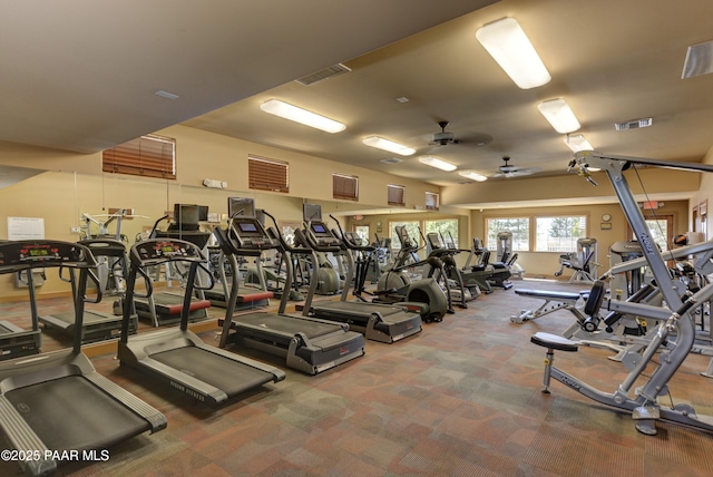 gym with visible vents, carpet flooring, and ceiling fan