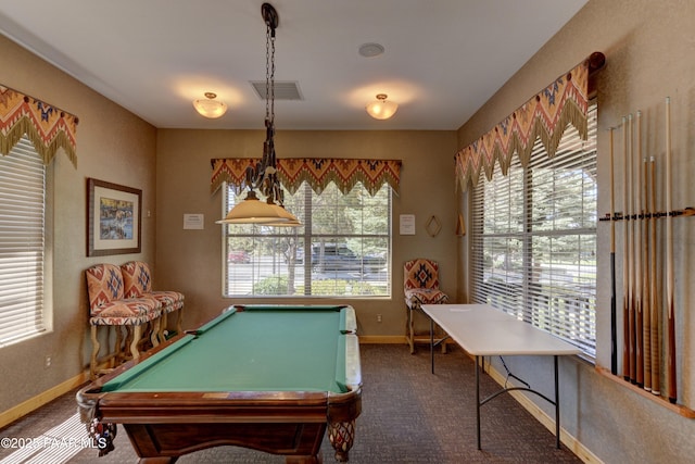 recreation room with billiards, carpet flooring, baseboards, and visible vents