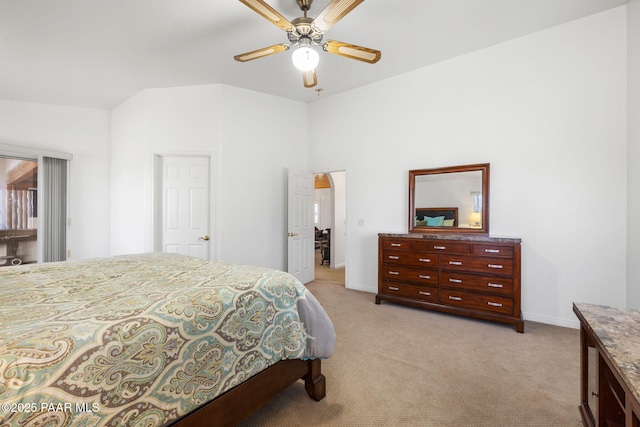 bedroom featuring baseboards, ceiling fan, and light carpet
