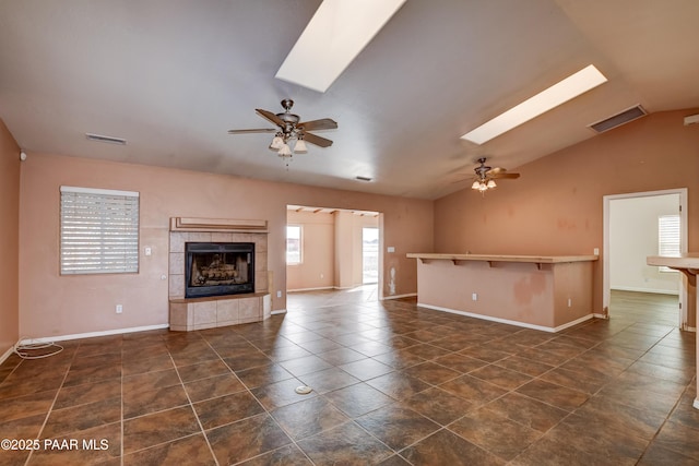 9100 E Lonesome Valley Rd, Prescott Valley, AZ 86315 - unfurnished living room featuring a fireplace, visible vents, and ceiling fan