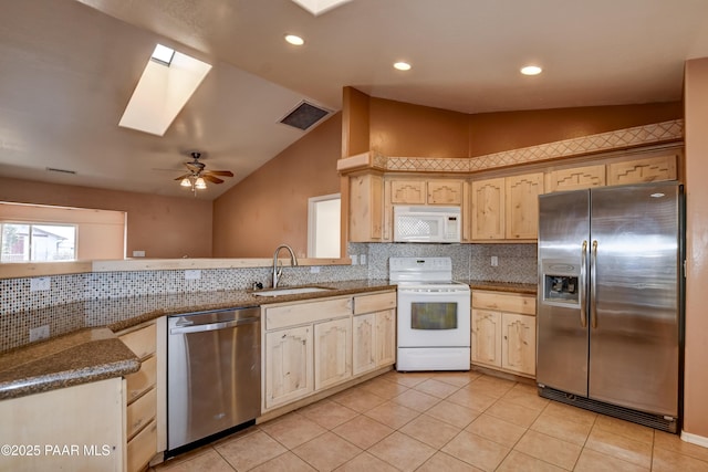 9100 E Lonesome Valley Rd, Prescott Valley, AZ 86315 - kitchen featuring light tile patterned floors, light brown cabinetry, visible vents, appliances with stainless steel finishes, and a sink