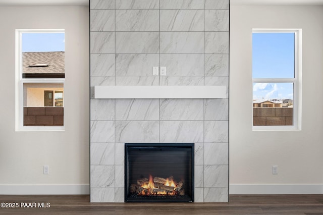 room details featuring a tiled fireplace and hardwood / wood-style flooring