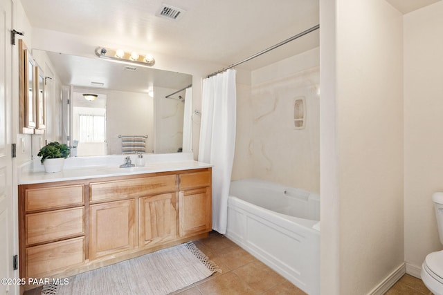 bathroom with visible vents, shower / bathtub combination with curtain, toilet, tile patterned flooring, and vanity