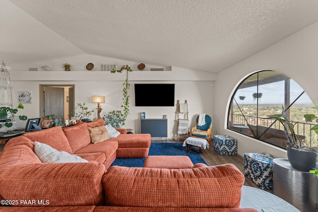 969 S Saguaro Dr, Wickenburg, AZ 85390 - living area featuring vaulted ceiling, wood finished floors, and a textured ceiling