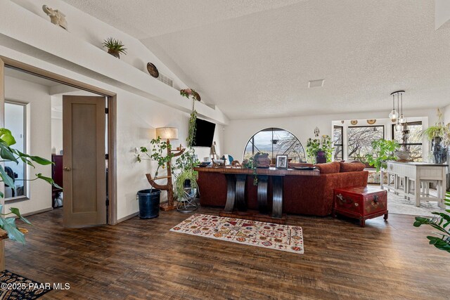 969 S Saguaro Dr, Wickenburg, AZ 85390 - living room featuring wood finished floors, lofted ceiling, and a textured ceiling