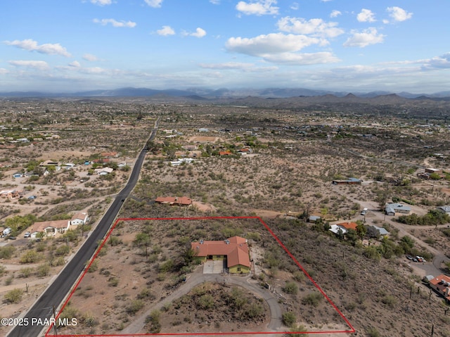 969 S Saguaro Dr, Wickenburg, AZ 85390 - overview of rural landscape featuring a desert landscape, mountains, and property parcel outlined