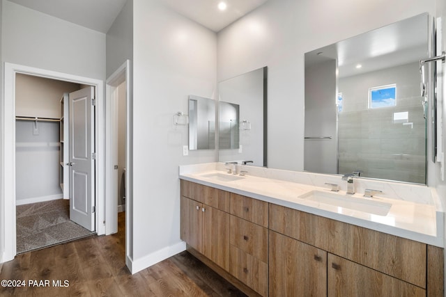 bathroom with wood finished floors, a sink, a walk in closet, double vanity, and baseboards