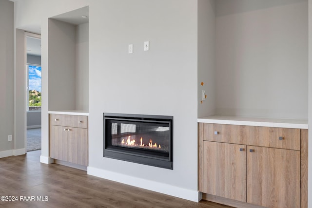 interior details with baseboards, wood finished floors, and a glass covered fireplace