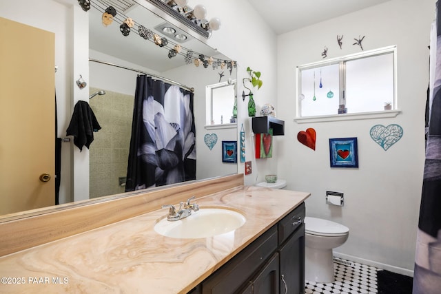 bathroom with toilet, tile patterned floors, walk in shower, and vanity