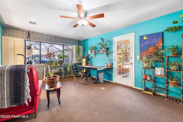 office with ceiling fan and carpet flooring