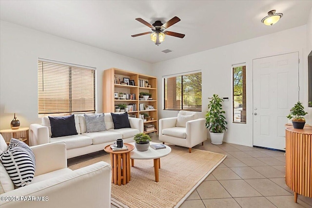 4786 N Edgemont Rd, Prescott Valley, AZ 86314 - living area featuring light tile patterned floors and a ceiling fan