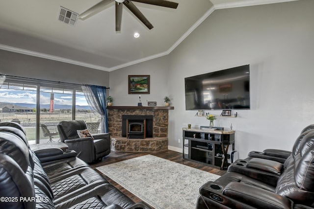 8675 N Buffalo Hill Ct, Prescott Valley, AZ 86315 - living area featuring visible vents, ornamental molding, wood finished floors, ceiling fan, and vaulted ceiling
