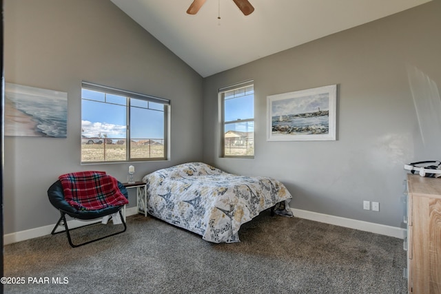 8675 N Buffalo Hill Ct, Prescott Valley, AZ 86315 - bedroom featuring carpet flooring, baseboards, ceiling fan, and high vaulted ceiling