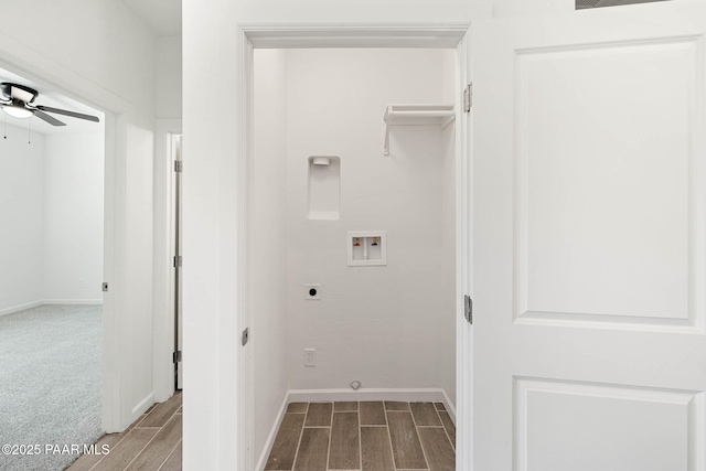 1800 N Pearl Ln, Prescott, AZ 86301 - laundry area featuring hookup for a washing machine, electric dryer hookup, wood finish floors, and ceiling fan