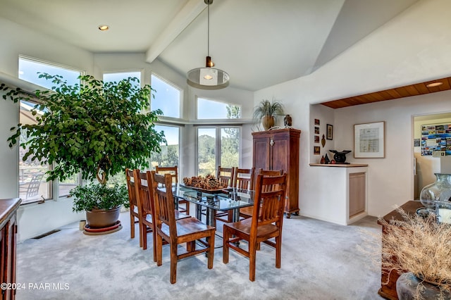 1301 S Manzanita Hill Rd, Prescott, AZ 86303 - dining space featuring plenty of natural light, visible vents, light colored carpet, and beamed ceiling