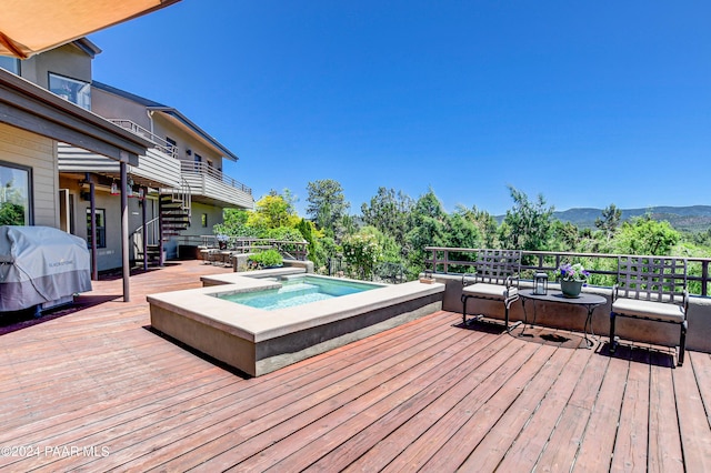 1301 S Manzanita Hill Rd, Prescott, AZ 86303 - wooden terrace featuring a mountain view, a grill, and an outdoor hot tub