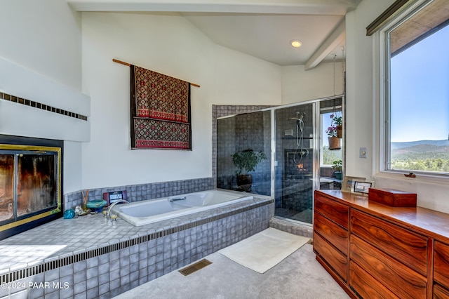 1301 S Manzanita Hill Rd, Prescott, AZ 86303 - full bath with visible vents, a bath, a shower stall, and a glass covered fireplace