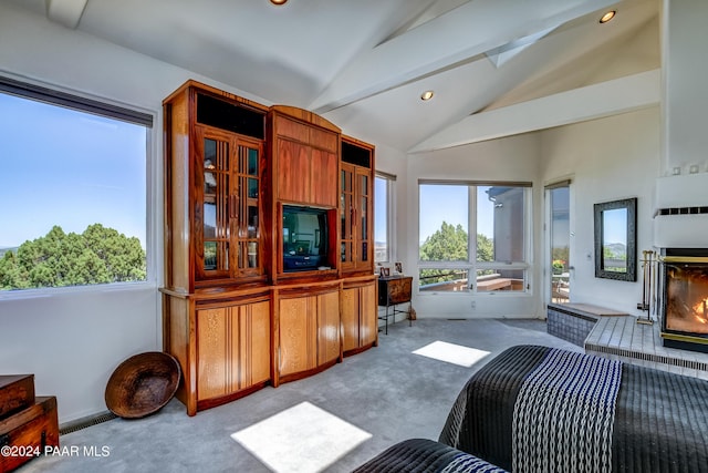 1301 S Manzanita Hill Rd, Prescott, AZ 86303 - carpeted living room featuring vaulted ceiling with beams and recessed lighting