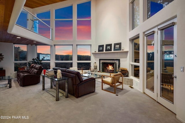 1301 S Manzanita Hill Rd, Prescott, AZ 86303 - carpeted living room featuring a large fireplace and a high ceiling