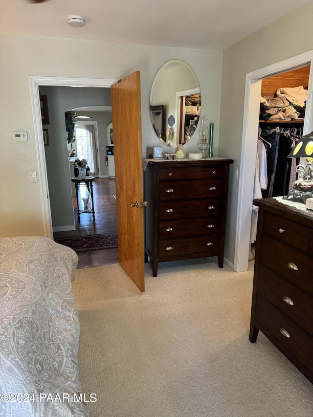 carpeted bedroom featuring a spacious closet and a closet