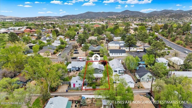 122 N Willow St, Prescott, AZ 86305 - aerial view of residential area with property parcel outlined and a mountain backdrop