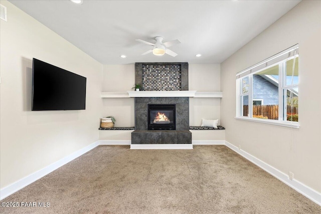 122 N Willow St, Prescott, AZ 86305 - unfurnished living room with carpet flooring, ceiling fan, baseboards, recessed lighting, and a fireplace
