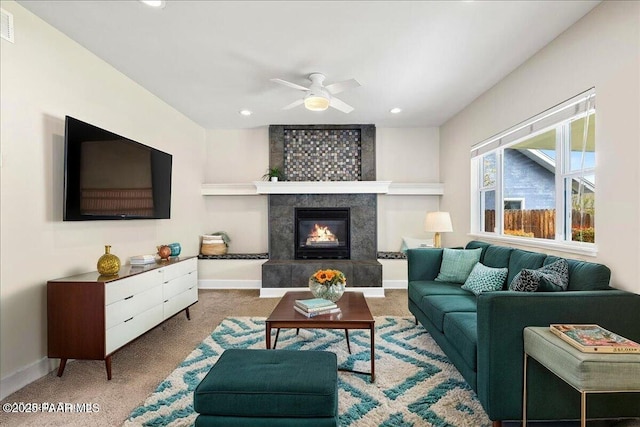 122 N Willow St, Prescott, AZ 86305 - living area featuring carpet flooring, ceiling fan, recessed lighting, a fireplace, and baseboards