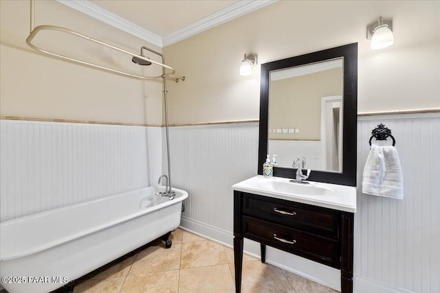 122 N Willow St, Prescott, AZ 86305 - full bath featuring a freestanding tub, a wainscoted wall, vanity, ornamental molding, and tile patterned flooring
