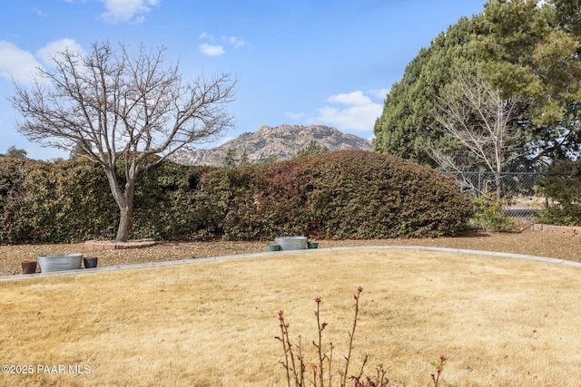 view of yard with a mountain view and fence